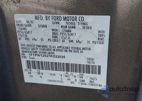 2007 Ford F-150 Lariat/Xlt z USA, uszkodzony, nr VIN 1FTPW12527KD22035